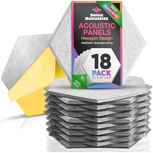 Acoustic Panels 18 Pack Soundproof Wall Panels, 14" X 12" X 0.4" Sound Proof Panles, High-Density Wall Decoration Sound Absorbing Panel, Hexagon Wall Panel for Home Office with Self-Adhesive(Gray)