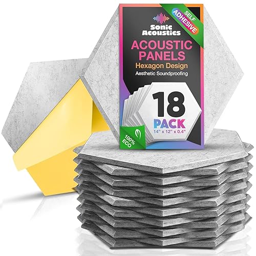 Acoustic Panels 18 Pack Soundproof Wall Panels, 14" X 12" X 0.4" Sound Proof Panles, High-Density Wall Decoration Sound Absorbing Panel, Hexagon Wall Panel for Home Office with Self-Adhesive(Gray) - 18 Pack Self-Adhesive - Silver/Gray