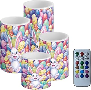 Set of 4 Easter Eggs Flickering Flameless Candles Bunny Battery Operated with Remote and Timers LED Pillar Lights Bulk for Easter Day, Weddings, Holiday Home Decoration