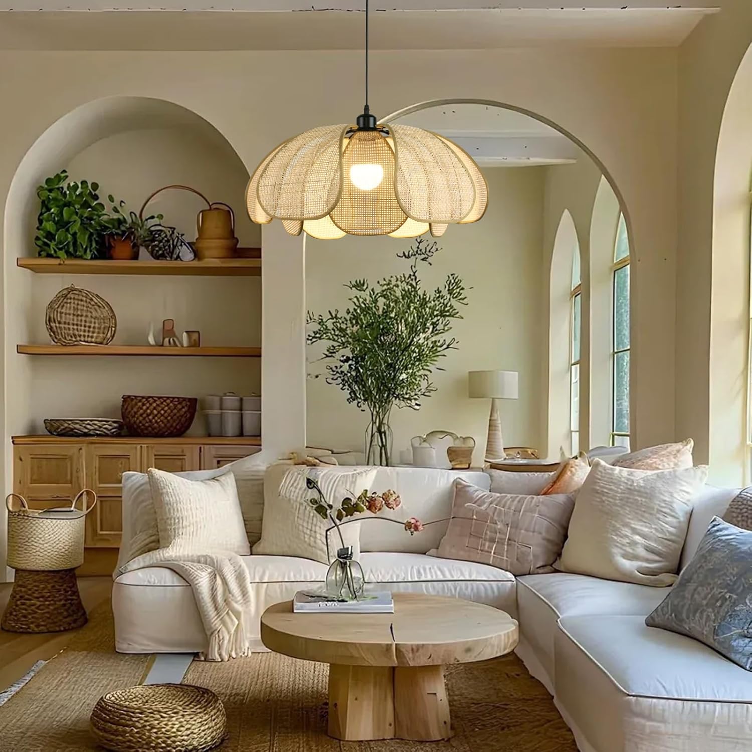 Rattan Pendant light Boho Dining Room Light, Wabi Sabi Style Rattan Woven lamp, Bohemian Style Log-Colored Beige lamp. Suitable for Dining Rooms, bedrooms, Tea Houses, Kitchen Island, and Hotels.