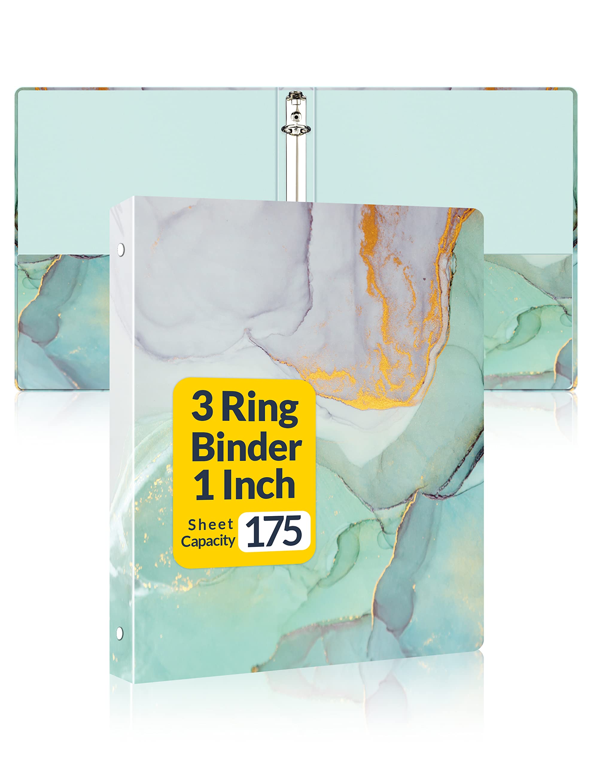 SUNEE 3 Ring Binder - 1 Inch, Cute Decorative Green Marble Heavy Duty (Fits 8.5x11 Inches) for School & Office
