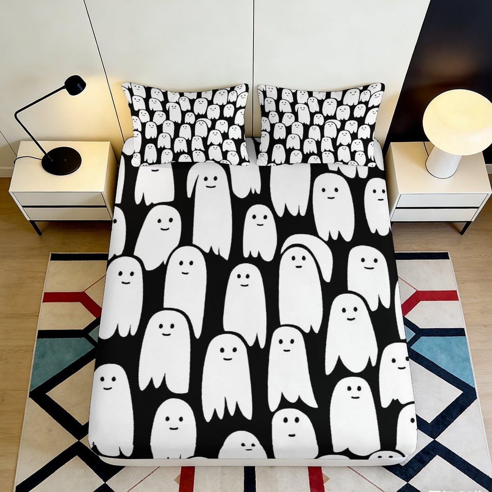 3D Printed Cartoon Ghost Fitted Sheet Microfiber Soft Black White Bed Cover for Bedroom Dorm Mattress Protection 90x200x25cm