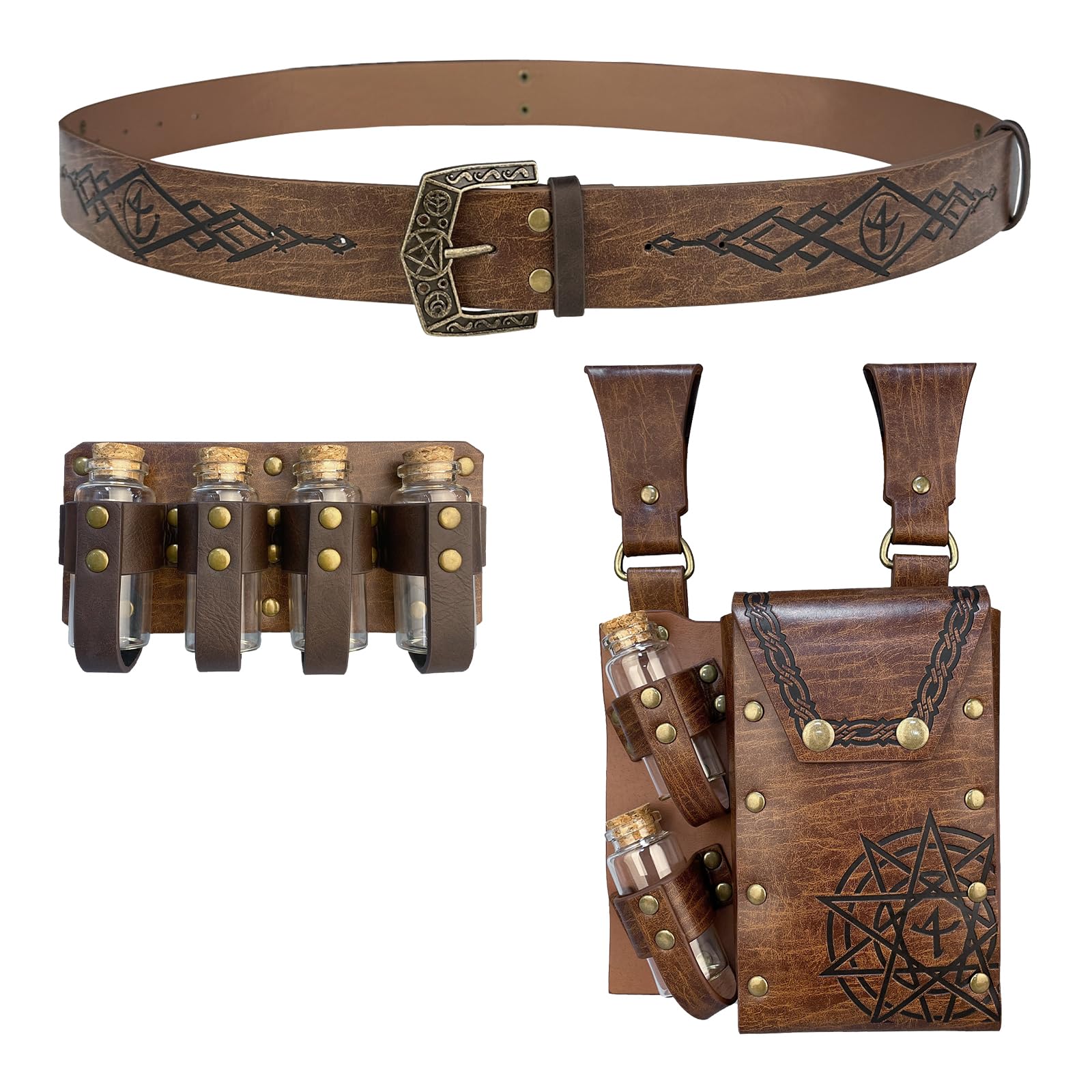 EpicCos Set di 3 Pezzi Cintura Alchemista Medievale con Borsello, Borse Multiple per Pozioni, Cintura Vichinga con Borchiette e Borsa Laterale per Cosplay (Marrone D)