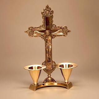 Hashcart Brass Crucifix Cross with Candle Stand (6 Inch) Jesus Christ Statue & Figurine for Table Decoration, Cross with Jesus Christ for Home Decor Office Decor