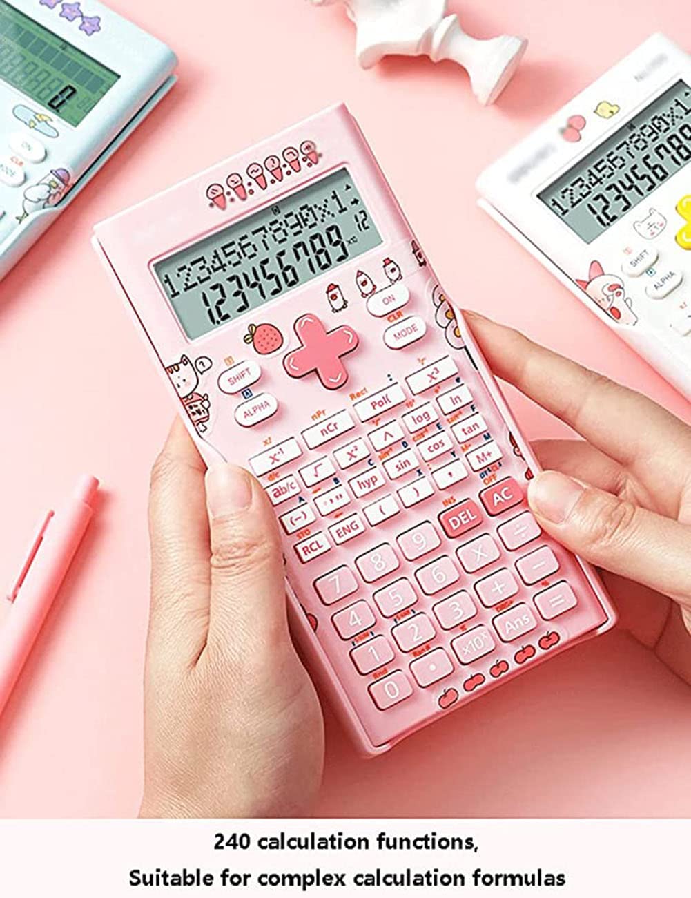 Kalkulator stacjonarny, kalkulatory biurowe, kalkulator, zaawansowany kalkulator naukowy w kolorze niebieskim Kawaii, 12-cyfrowy przycisk wyciszania ekranu, zasilanie bateryjne, szkoła średnia (kolor: