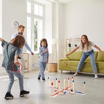 U&C Planet Large Quoits,10 Pcs Ropes &10 Pcs Plastic Rings with Carry Bag, Wooden Ring Toss Game for Kids and Adults