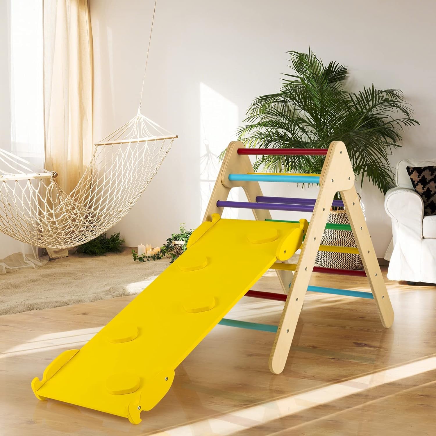 GOPLUS Triángulo de Escalada con Rampa Reversible, Juguete de Escalada para Niños de Madera 2 en 1, Juguete para Escalar y Deslizarse, Parque Infantil para Guardería, Carga 50 KG (Multicolor)