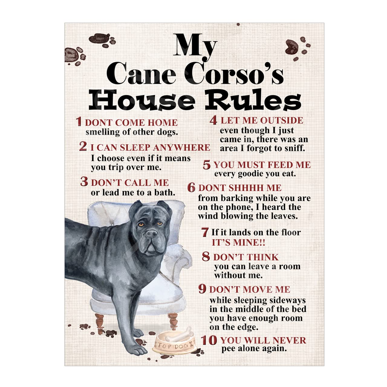 Metal Sign Dog Plaque My Cane Corso's House Rules Garden Bar Home Decor Garage Man Cave Poster Gift size 8x6in Ref8323