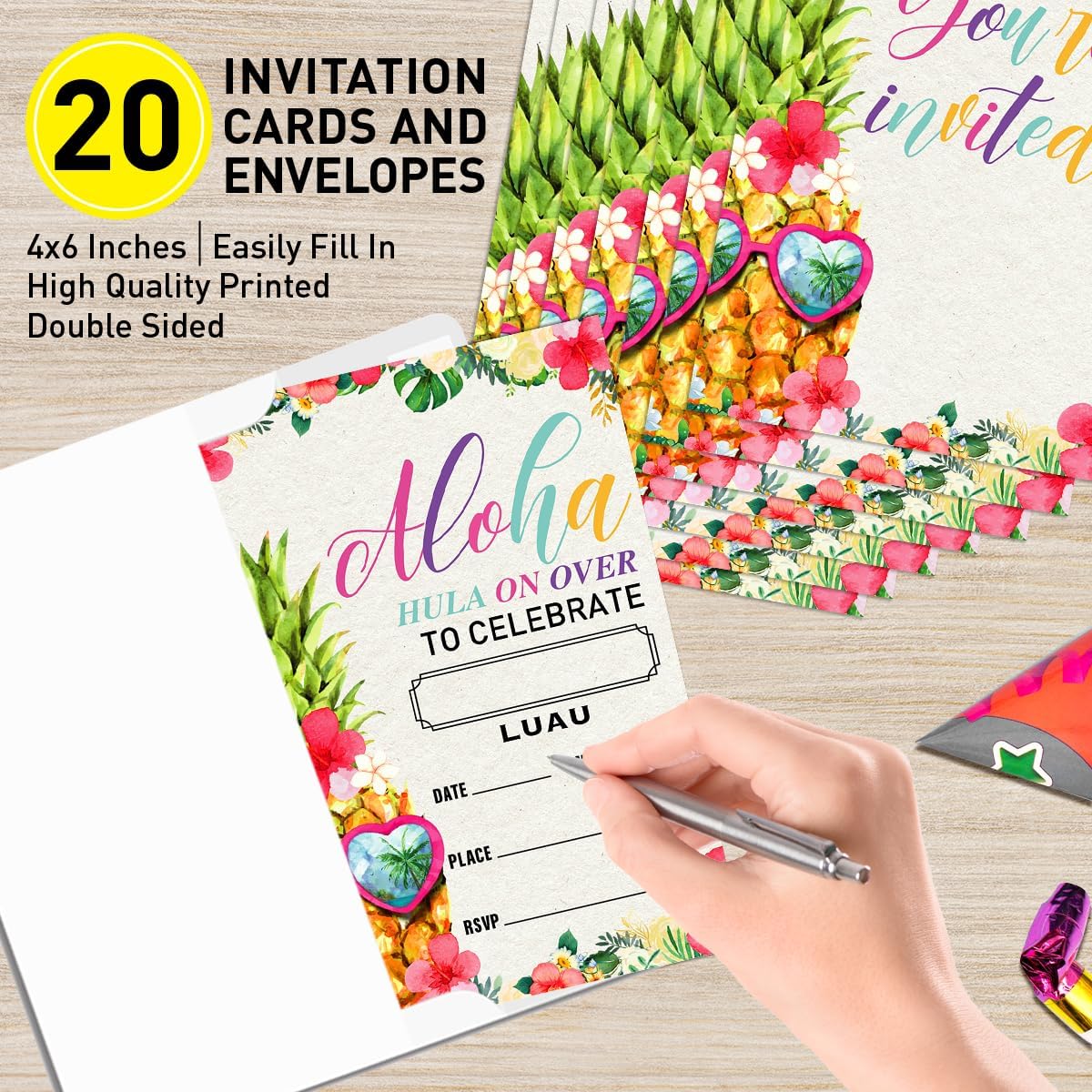 Birthday Invitations Luau Party for Girl with Envelopes, Summer Tropical Birthday Party Invites, Hawaiian Aloha Birthday Invite Pineapple Cards, Hula on Over to Celebrate, 4"x6" Set of 20