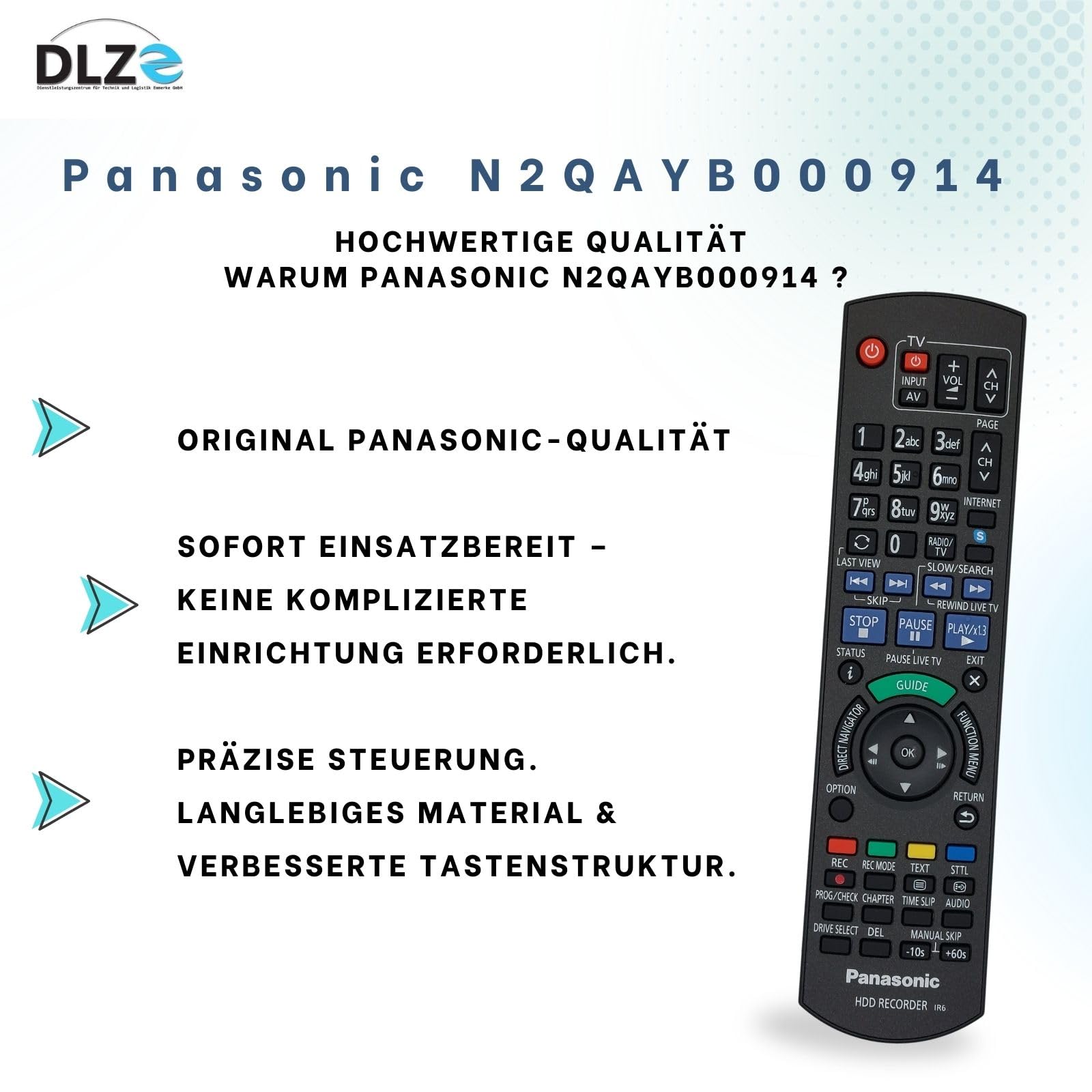 Panasonic N2QAYB000914 Télécommande d'origine pour enregistreur de disque dur Panasonic Blu-ray compatible avec DMR-HCT130 EG, DMR-HCT230 EG, DMR-HST130 EG, DMR-HST230 EG, DMR-BST800, DMR-HCT130 EG