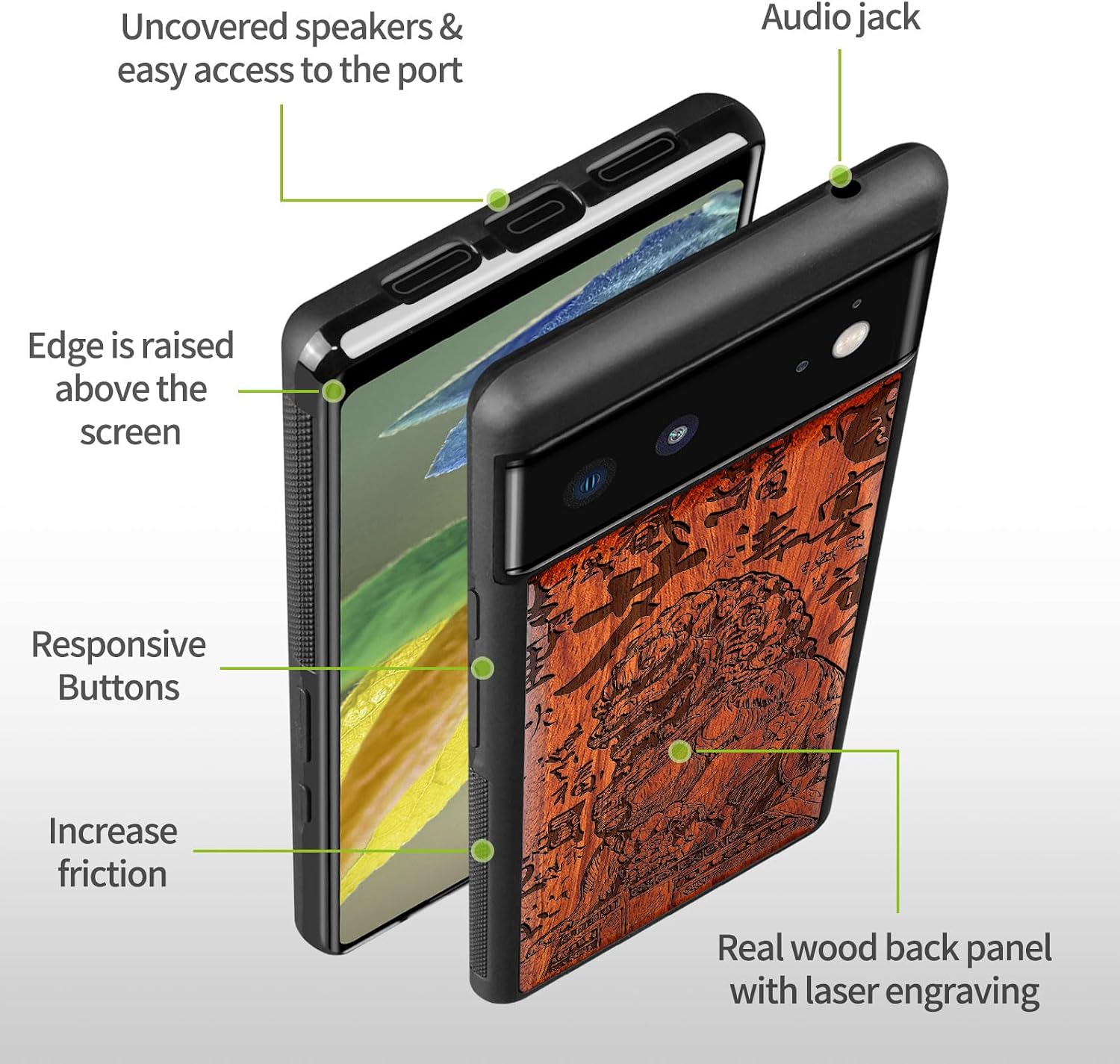 Carveit Wood Case for Pixel 6 Case [Natural Wood & Black Soft TPU] Shockproof Protective Unique Wooden Cover Compatible with Google Pixel 6 (Chinese Guardian Lion-Rosy)