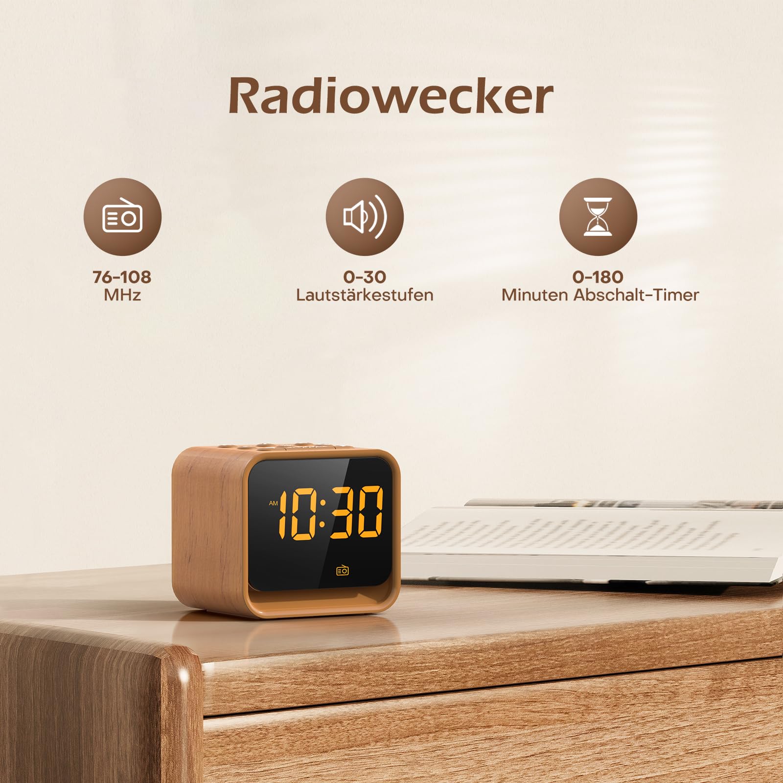 REACHER Radiowecker für das Schlafzimmer, Digitale FM Radiouhr mit Weißrausch-Soundmaschine, 9 Alarmtönen, dimmbarem Display, 7 Farben Nachtlicht, Automatischem Abschalt-Timer, Snooze