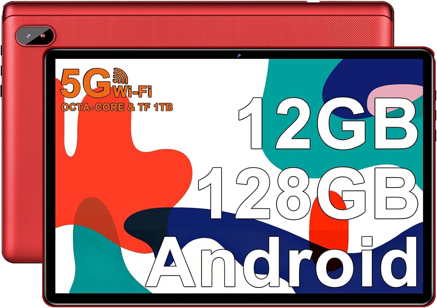 Tablette Android avec 5G Wi-Fi 6 et Gemini AI, 128 GO ROM (Extensible Jusqu'à 2To),Tablette Tactile avec Widevine L1,Octa-Core,Double appareil photo 5MP+8MP, 6000mAh,Tablette 10 Pouces avec étui-Rouge