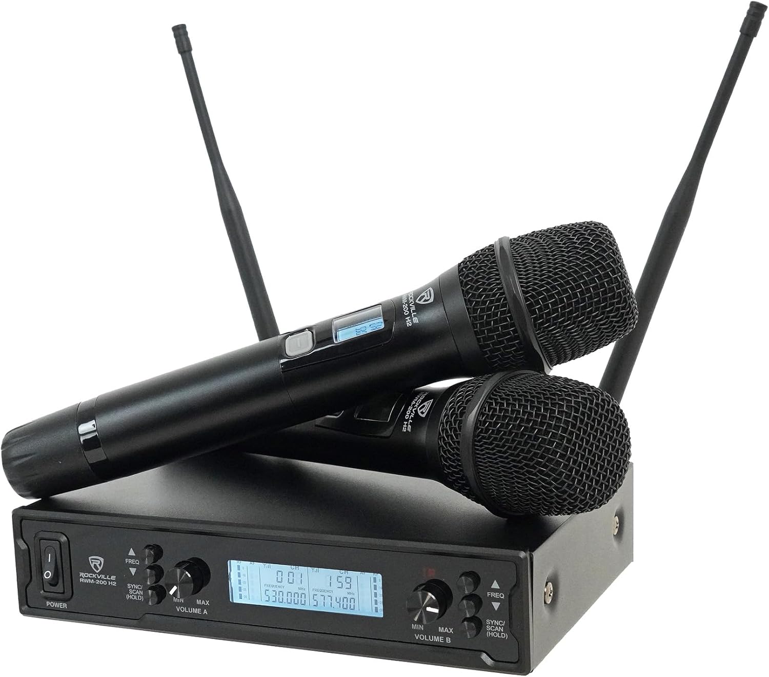 Rockville RWM-200 H2 Dual Handheld UHF Microphone System, 200 Channels, On-Mic 3-Band EQ & Echo, up to 500ft Range, XLR Outputs, Cardioid Mics, Full Metal Build, Ideal for Events, DJ, Karaoke