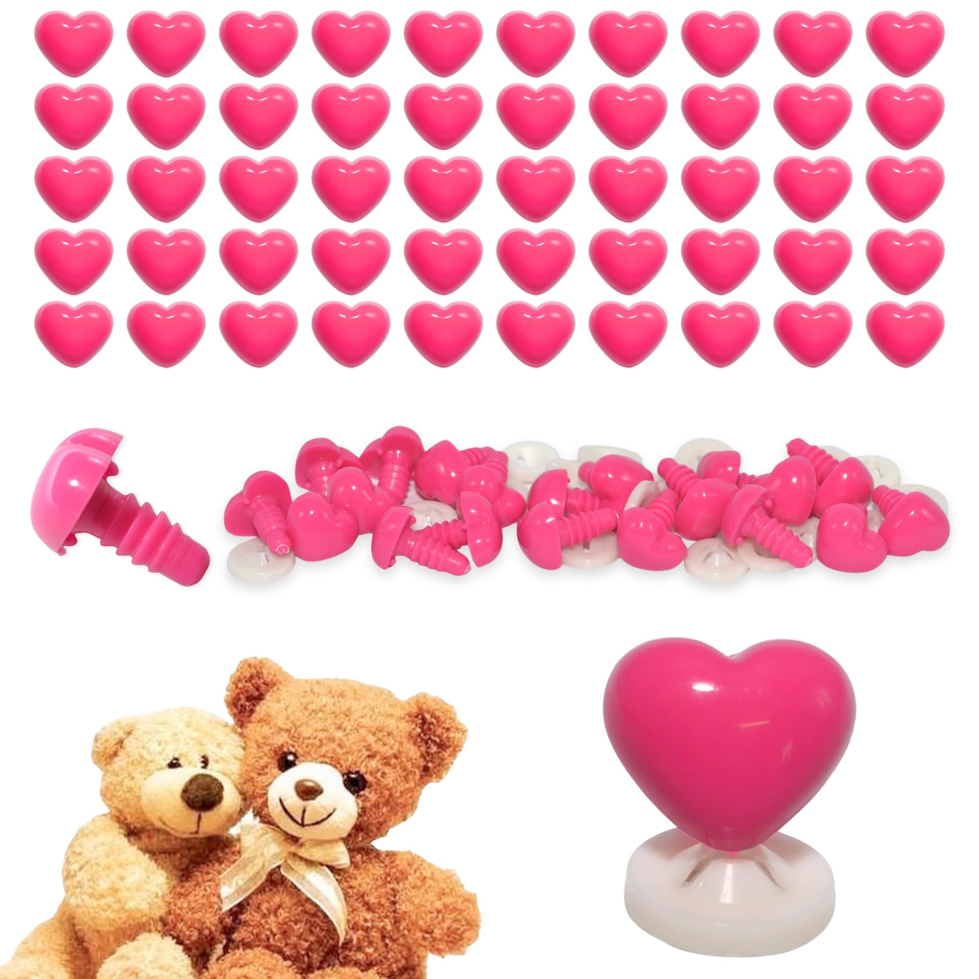 celloexpress 15mm x 13mm Hot Pink Heart Noses with Plastic Backs - Safety Noses for Soft Toy Teddy Bear Animal Making (Pack of 100)