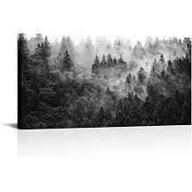 KREATIVE ARTS Black and White Misty Foggy Mountain Landscape Canvas Wall Art - Breathtaking Scene of Fir Forest in Hipster Style Picture Prints Rustic Decor for Home Office 20x40 Inches 20x40