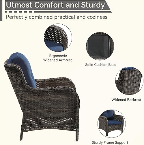 Miniatura 4 de Juego de 2 sillas de patio, juego de muebles de mimbre para patio al aire libre con cojines de olefina gruesos, respaldo alto y asientos profundos,