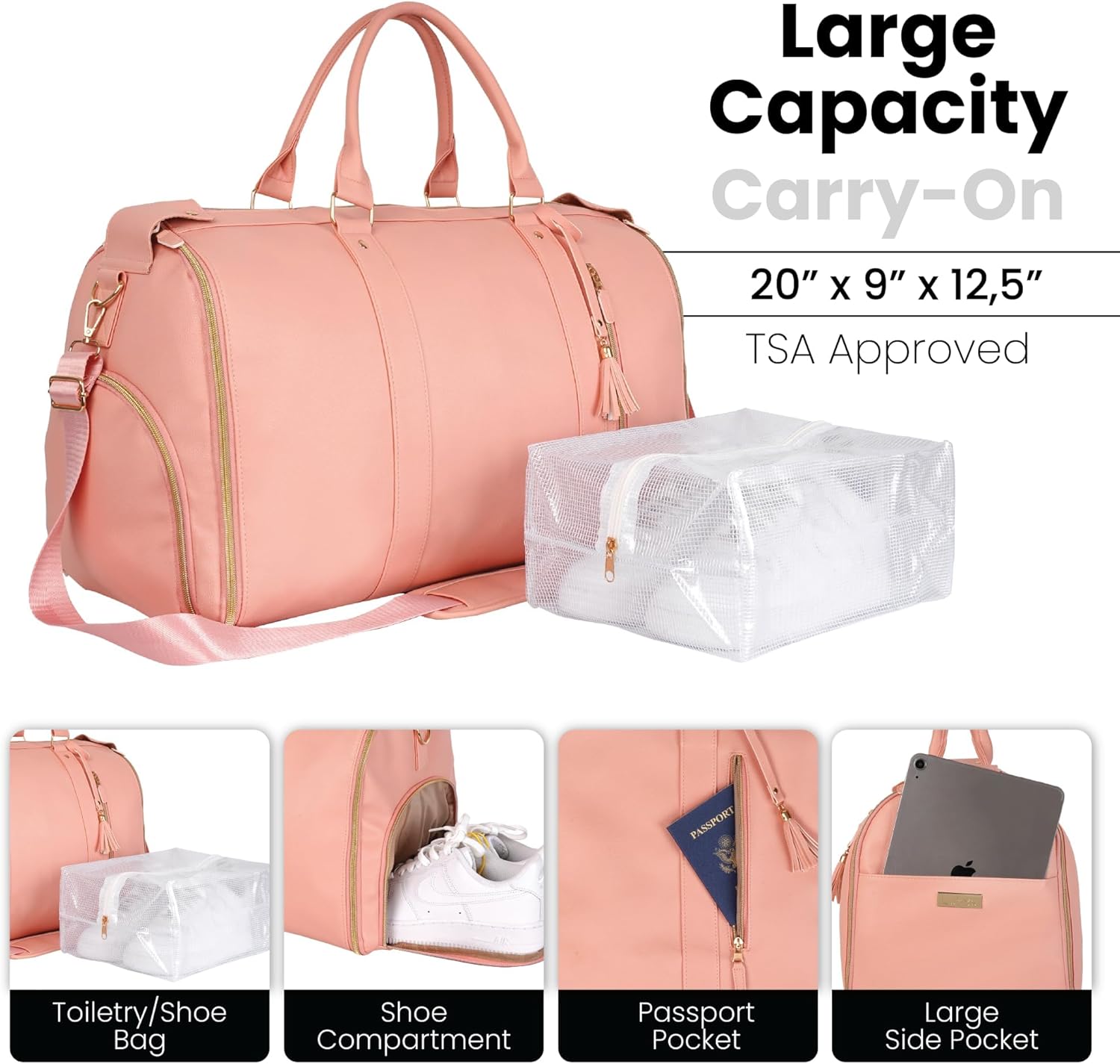 Luhxe Travel Convertible Carry On Garment Roller Bag 2.0 with Shoe Pouch & Detachable Shoulder Strap – Improved Zipper and reinforced straps - Rose - Image 2