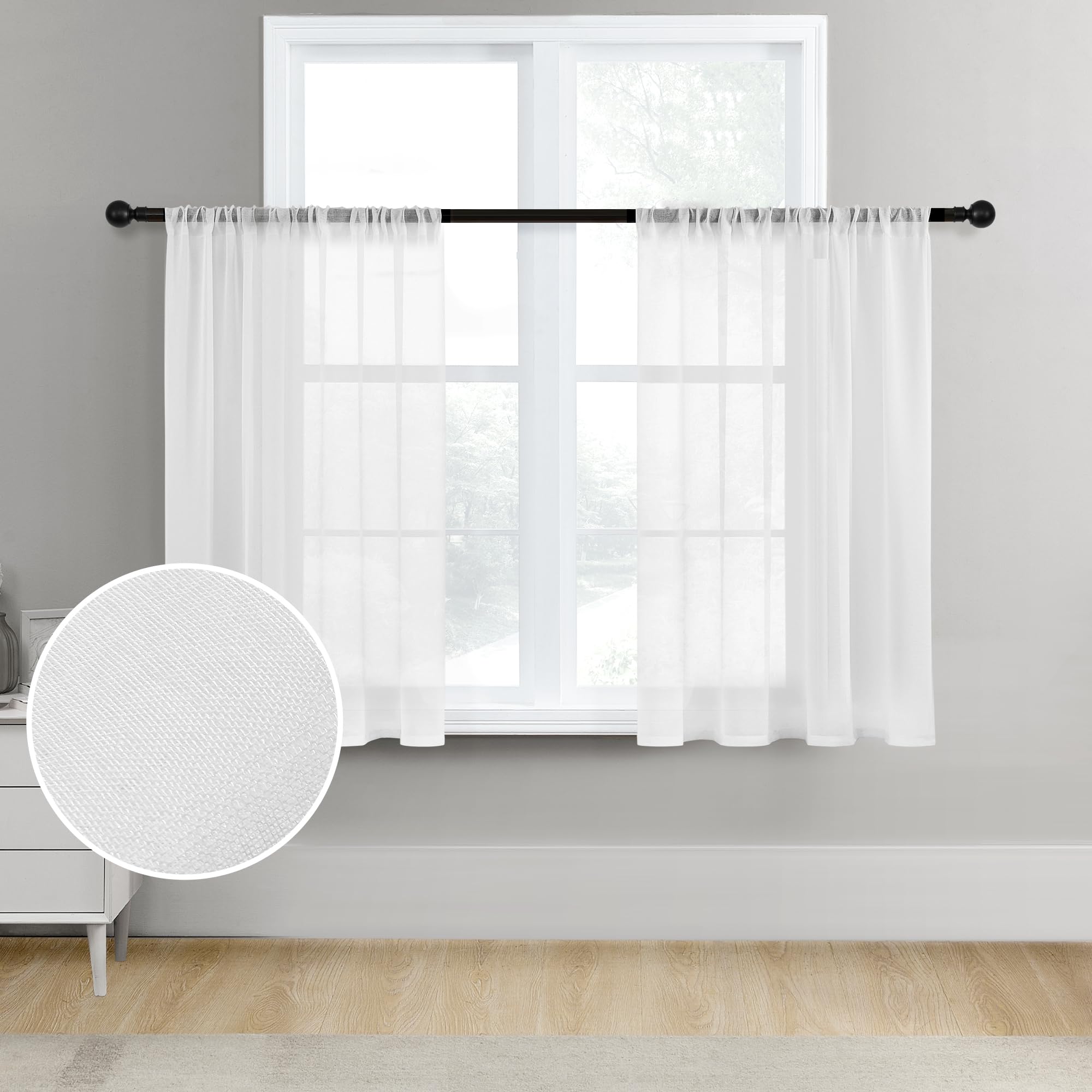 MRTREES Sheer White 45" Kitchen & Basement Curtains - 2 Panels with Rod Pocket