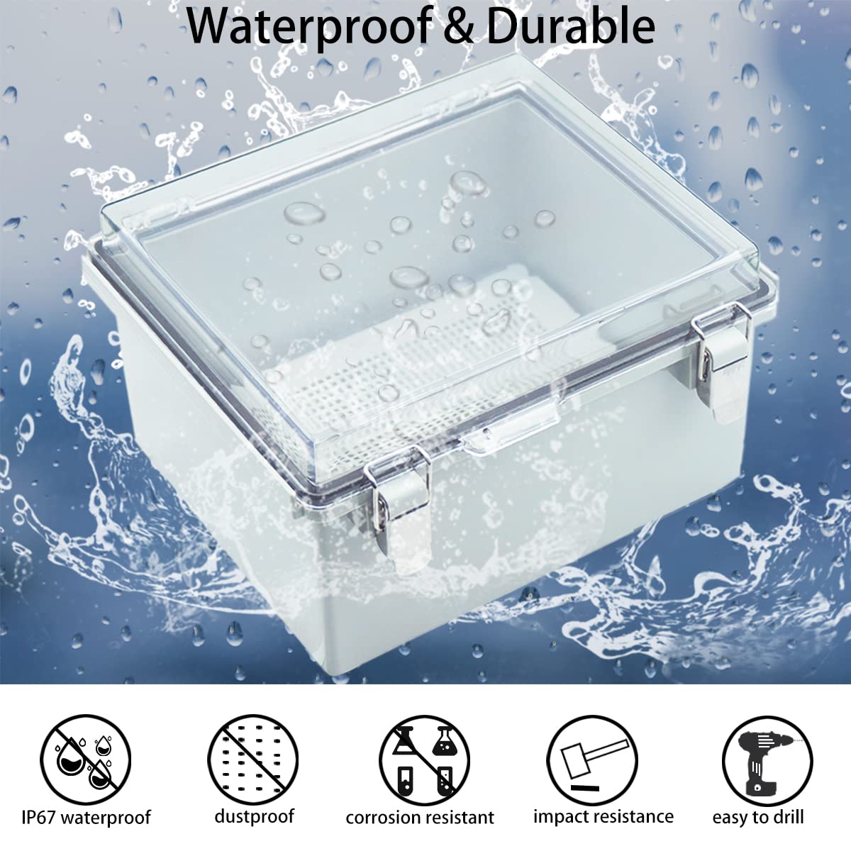 Abzweigdose, Scharniere, transparente Abdeckung, Edelstahlriegel, IP67, wasserdicht, elektrisches Kastengehäuse mit Montageplatte und Wandhalterung, 30x30x18 cm