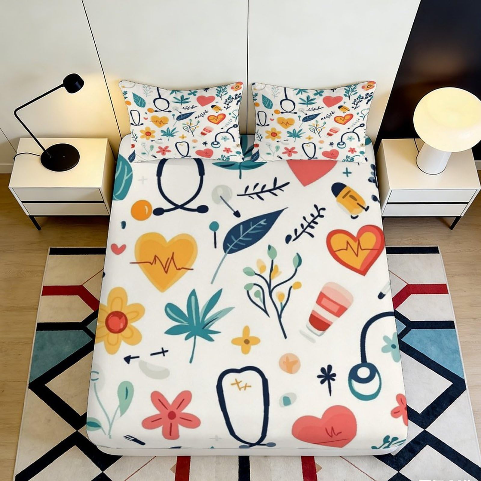 3D Printed Medical Floral Fitted Sheet Microfiber Soft Breathable Healthcare Icon Mattress Cover for Bedroom Dorm Decor 90x200x25cm
