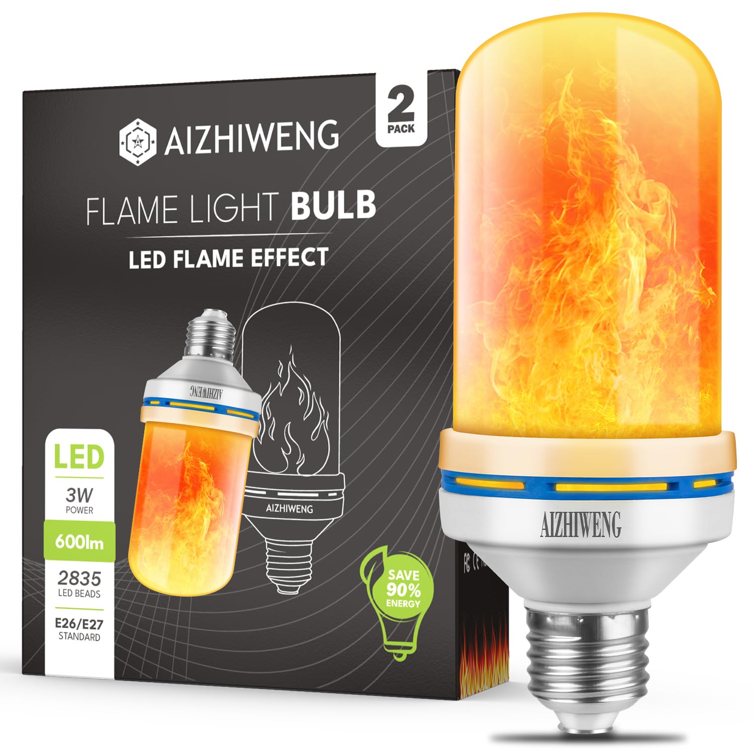 LED Flame Light Bulbs - Realistic Flicker for Outdoor Porch, Indoor Decor, E26 Base, Energy-Saving Fire Light Modes, Versatile for Garden, Party Ambiance, Safe for Family - 2 Pack