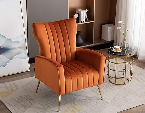 Miniatura 38 de Artechworks Silla decorativa curvada con patas doradas de metal dorado con brazo tapizado de terciopelo, silla moderna para sala de estar,