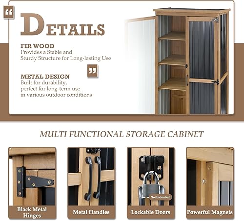 Miniatura 4 de Armario de almacenamiento para exteriores impermeable con estantes, pequeño cobertizo de almacenamiento, vertical alto, patio, jardín, armario de