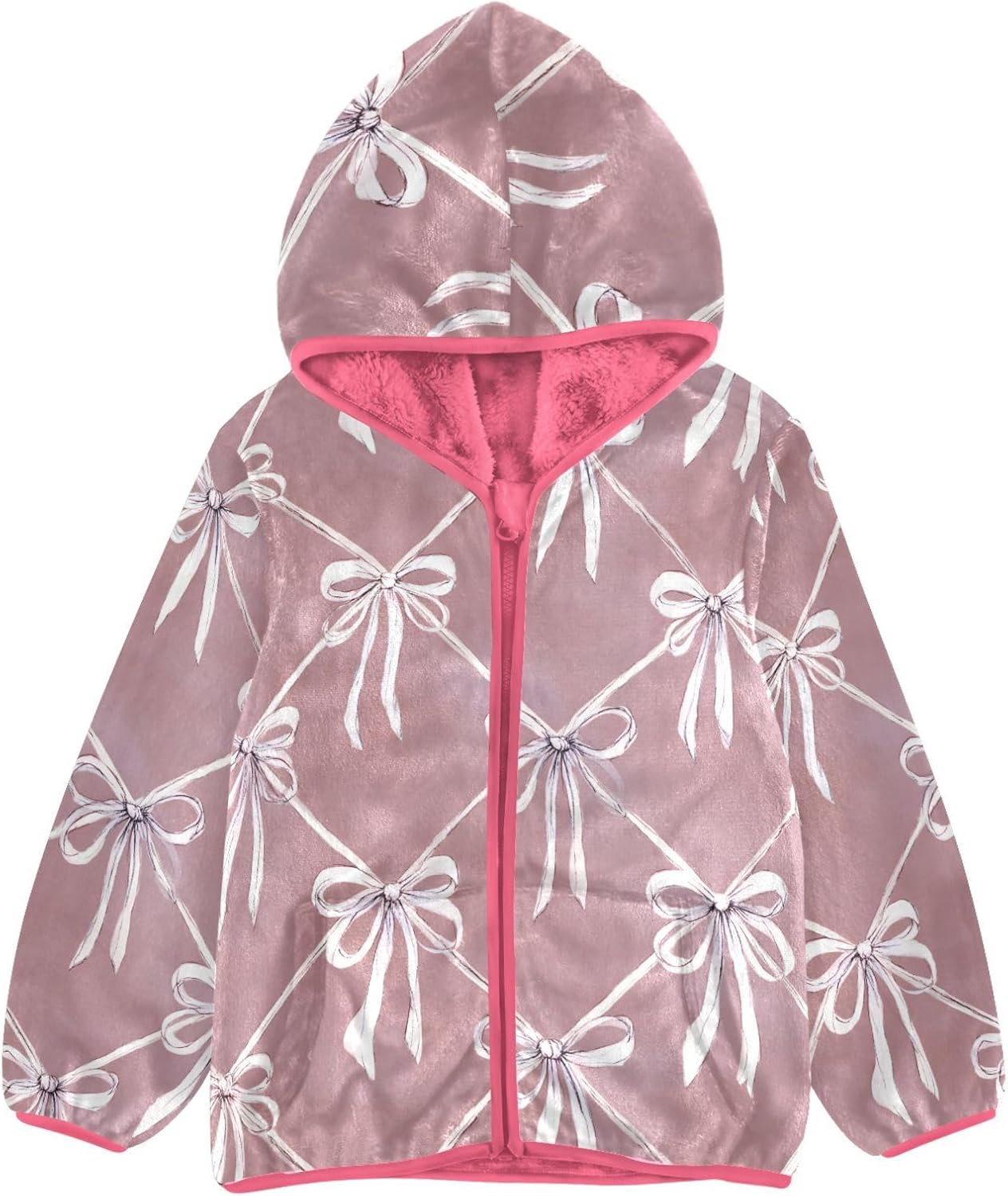 Girls Hoodie Outfit White Bow Pattern Zipper Sweatshirt Coat Fleece Jacket for Kids 3-10T