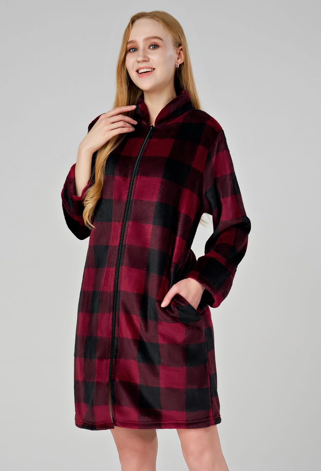 SIORO Fleece Robes for Women Plush Zipper Front Bathrobe Knee Length Warm Housecoat Long Sleeve Cozy Sleepwear with Pockets - Image 3