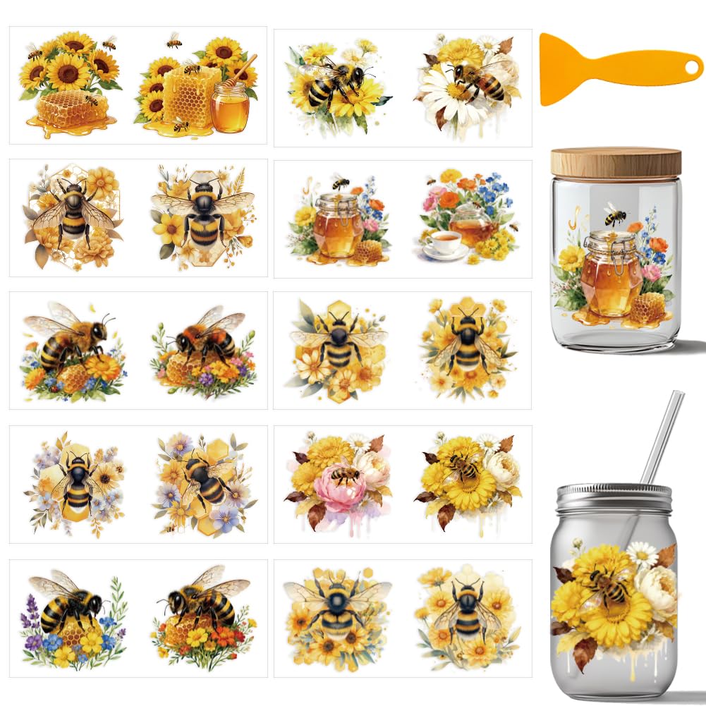 arricraft 10 Sheets UV DTF Cup Wrap for 16OZ Glass, Bee Flower Beehive Honey Pot Rub on Decals PVC Transfer Stickers for DIY Cups Wood Funiture 24x11cm/9.4x4.3inch