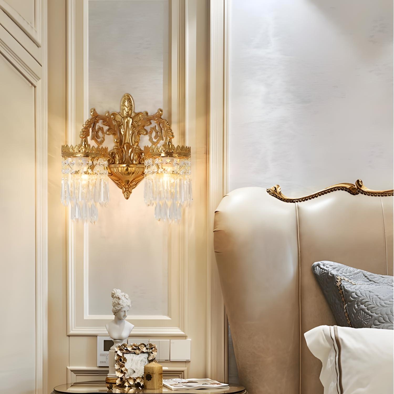 Bofea-Antique Brass Wall Lamp,Gold Crystal Wall Sconces,Vintage Vanity Light Fixture,2 Heads Modern Sconces with K9 Clear Crystal, Mid Century Wall Lighting Indoor for Bedroom Living Room Entry