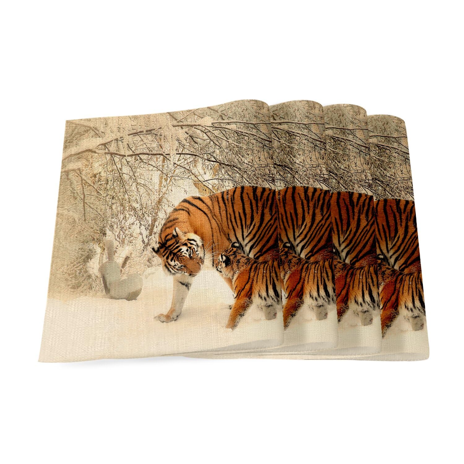 Set de table en lin Tigre et Bébé grand format 40x28,5 cm : lot de 4 napperons faune hivernale