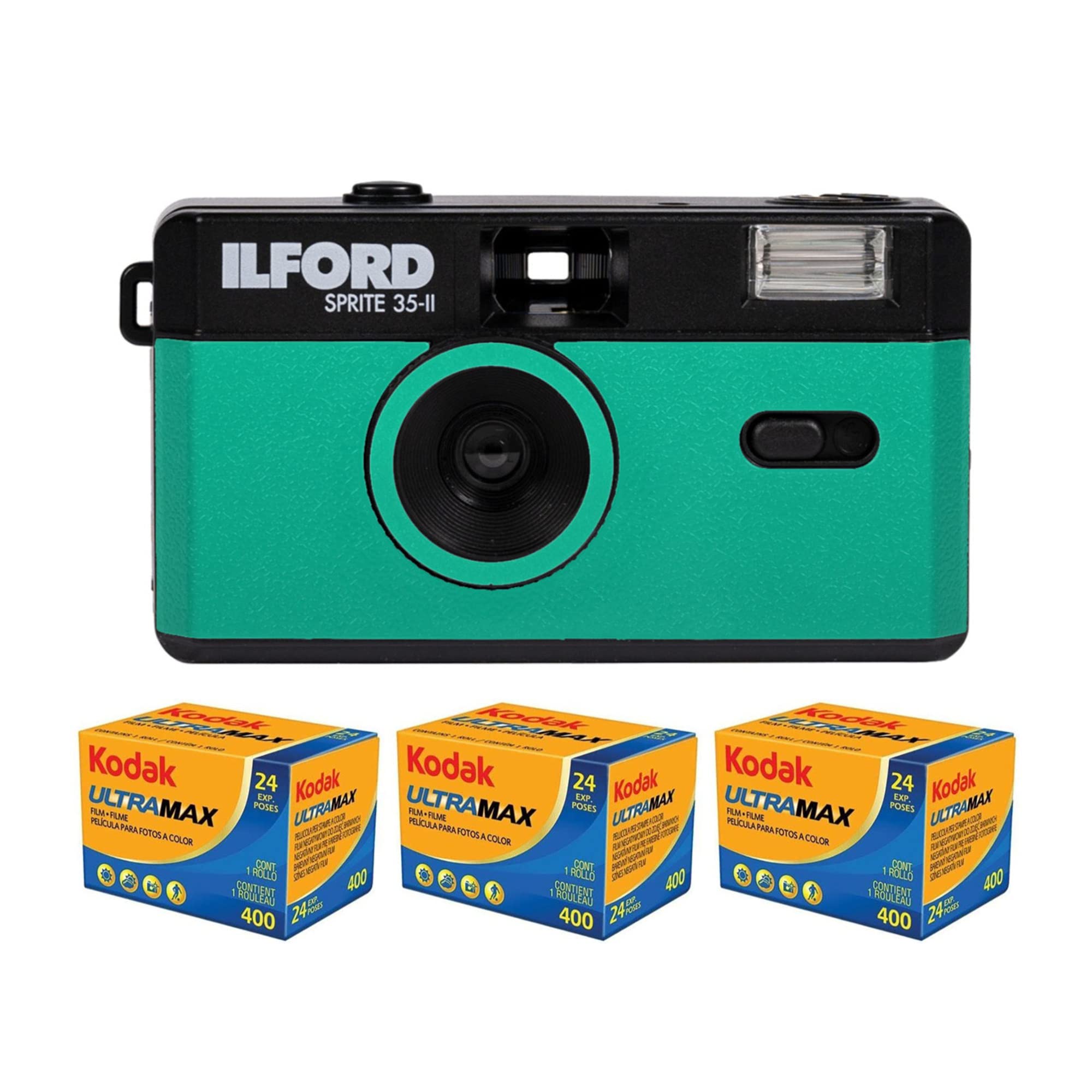 Ilford Sprite 35-II 35mm Film Camera Teal & Black with 3-Pack Kodak 400 Film Bundle (4 Items)