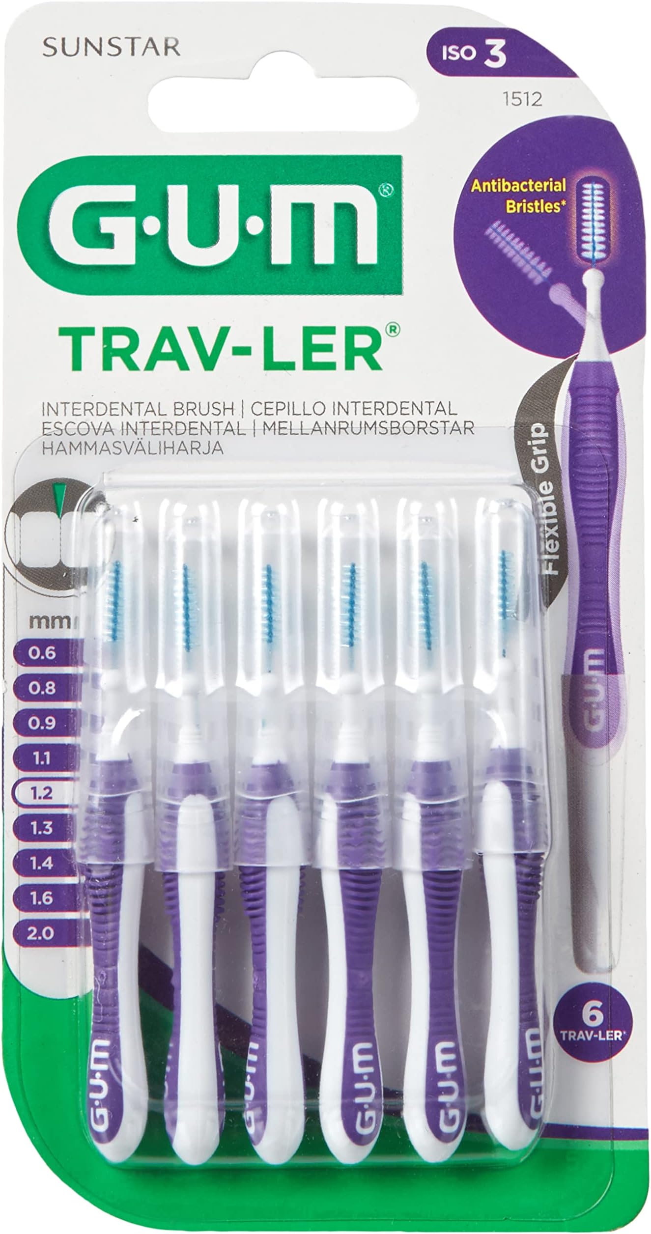 Trav-Ler Plaque Removal - Interdental Brush- Purple Ergonomic Comfort Flexible Handle Removes up to 25% more Wire is Coated Anti Bacterial Protection Bristles Use Gently 6 pcs