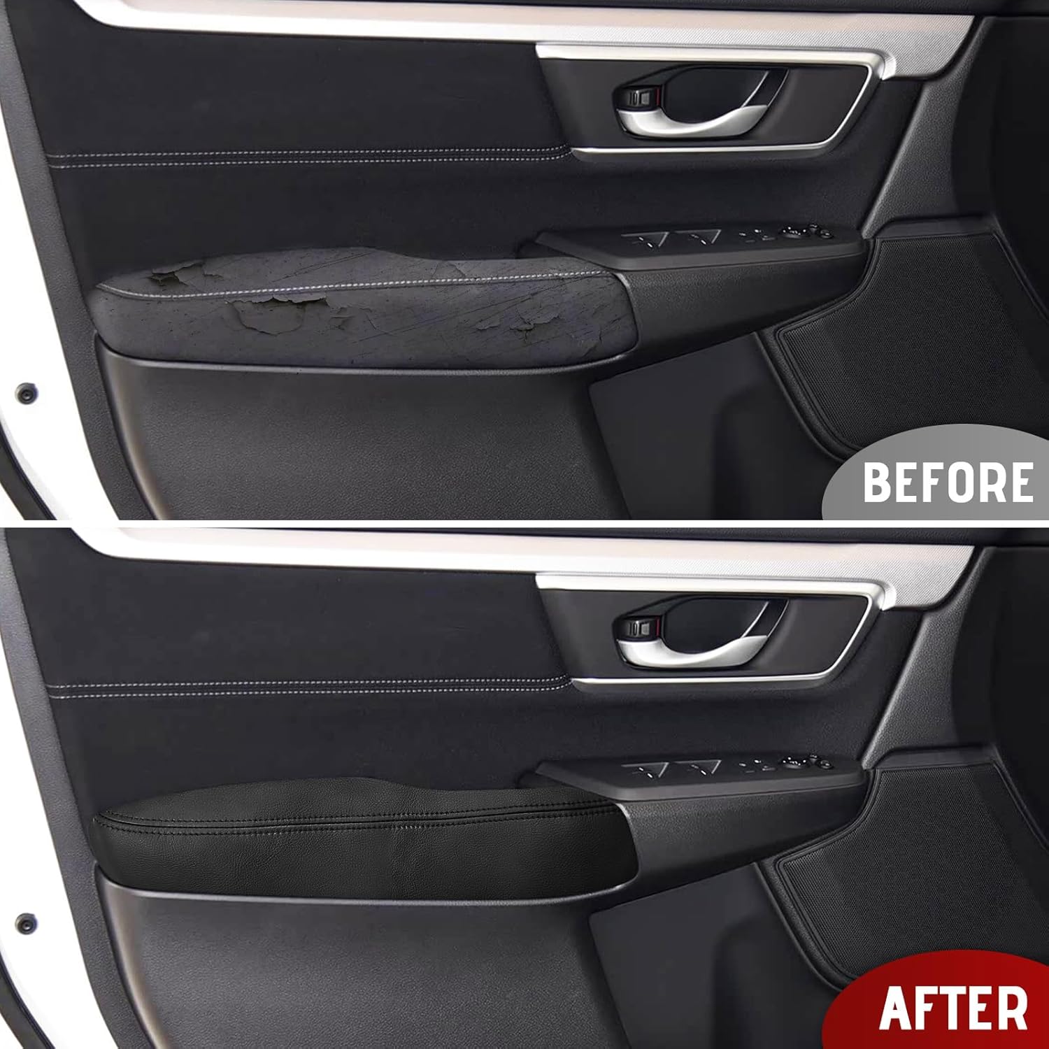 Compatible with Front Door Panels Armrest Cover for Honda CRV 2017-2025 Leather Left & Right Front Door Armrest Trim with Installation Tool 2PCS Black (Leather Only)