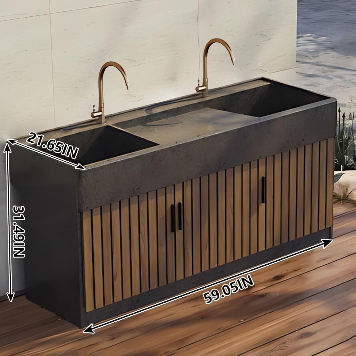 Outdoor Kitchen Cabinet - Kitchen Cabinet with Countertop Includes Black Textured Rock Countertop & Wood Grain Grille Door,Outdoor Table Includes Two Integrated Sinks(59.05IN)