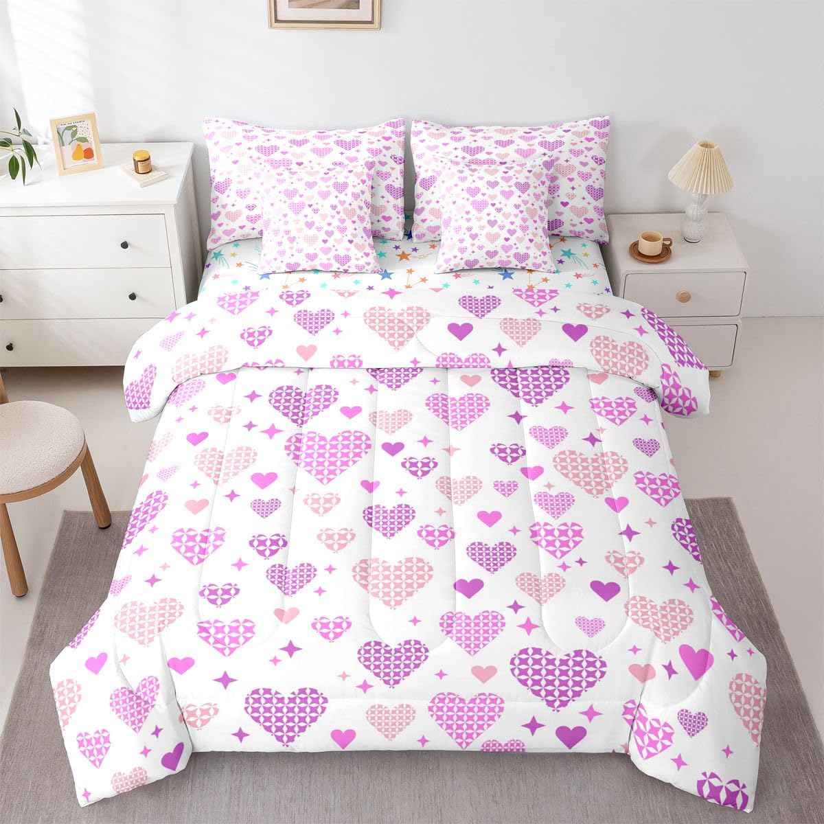 Erosebridal Love and Heart 7 Piece Comforter Set Twin Cute Heart Pattern Bed in A Bag Pink Purple Valentine Bedding Sets for Kids Girls Love Geometric Sheet Set with Comforter