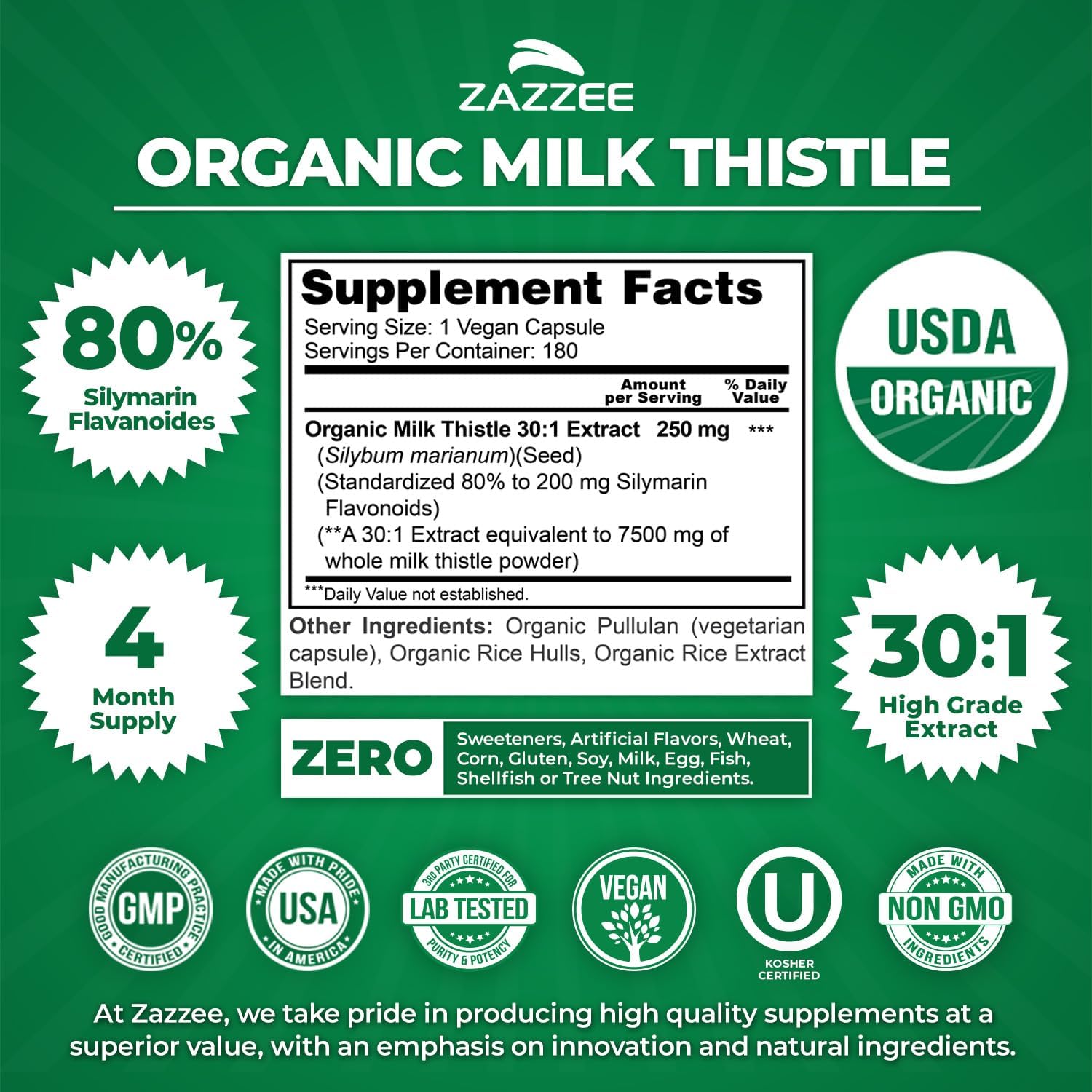 Zazzee USDA Organic Milk Thistle 30:1 Extract, 80% Silymarin, 180 Vegan Capsules, 6 Month Supply, Certified Kosher, High Potency Liver & Antioxidant Support, Silybum Marianum, Non-GMO, Made in the USA