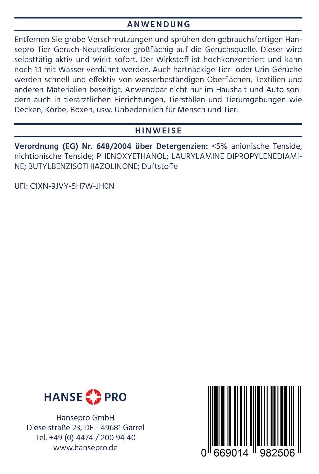 Hanse Pro Tier Geruch-Neutralisierer, 4 x 500 ml I Geruchs-Entferner I Fleckenentferner I Geruchskiller I beseitigt Gerüche von Tieren, Katzen-Urin, Hunde-Urin