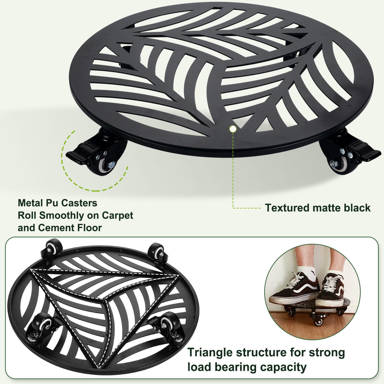 2 paquetes de 16 pulgadas de metal extragrande para plantas con ruedas, soporte de hierro resistente con ruedas, para interiores y exteriores, base de rodillo, para mover macetas, carrito de