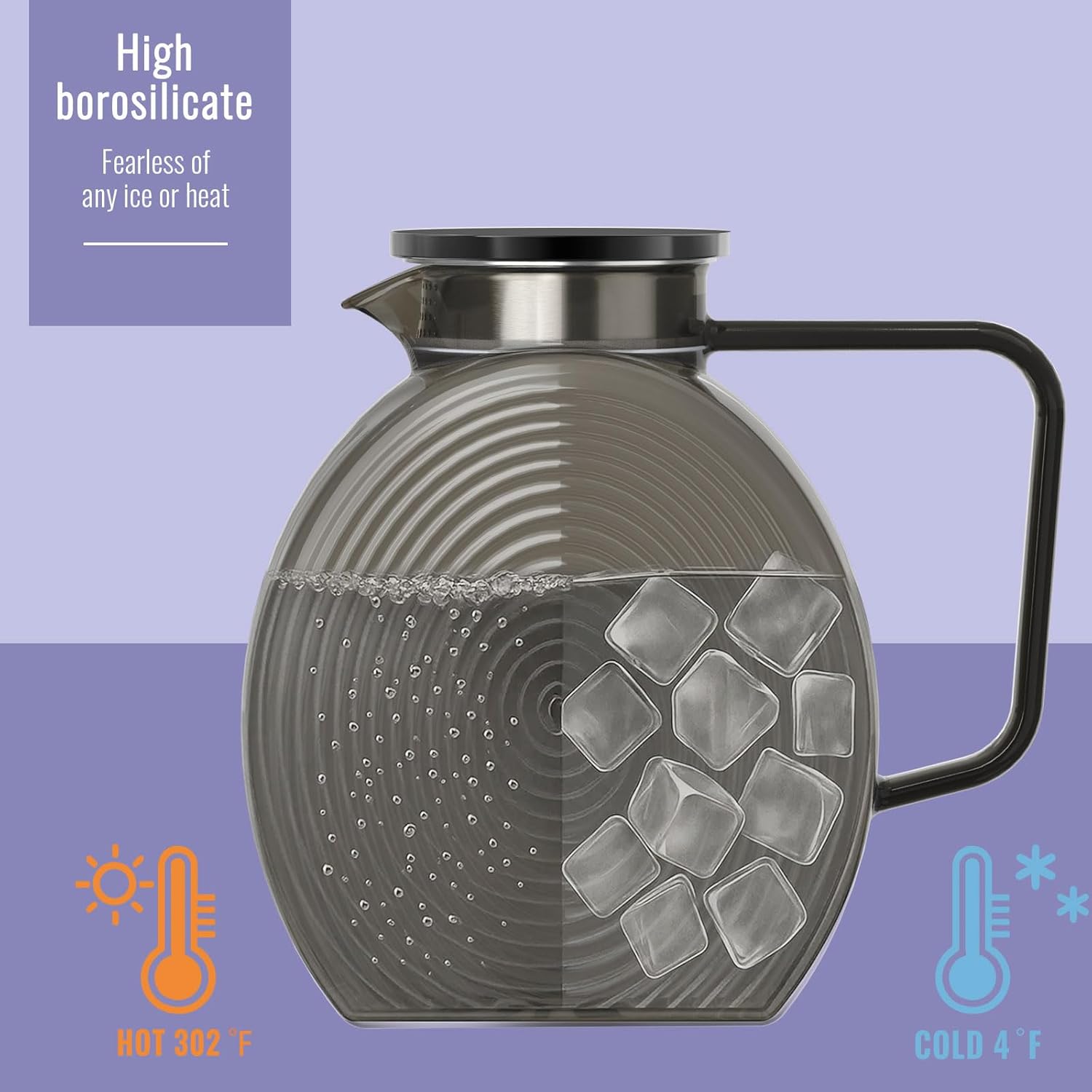 Glass Pitcher With Lid, 2 Liter 68 oz Glass Water Pitchers With handle and lid, 0.528 Gallon Tea Pitcher For Fridge, Carafe Jug Jar For Hot/Cold Water Iced Tea Juice Coffee Milk Beverage (Grey) - Image 5