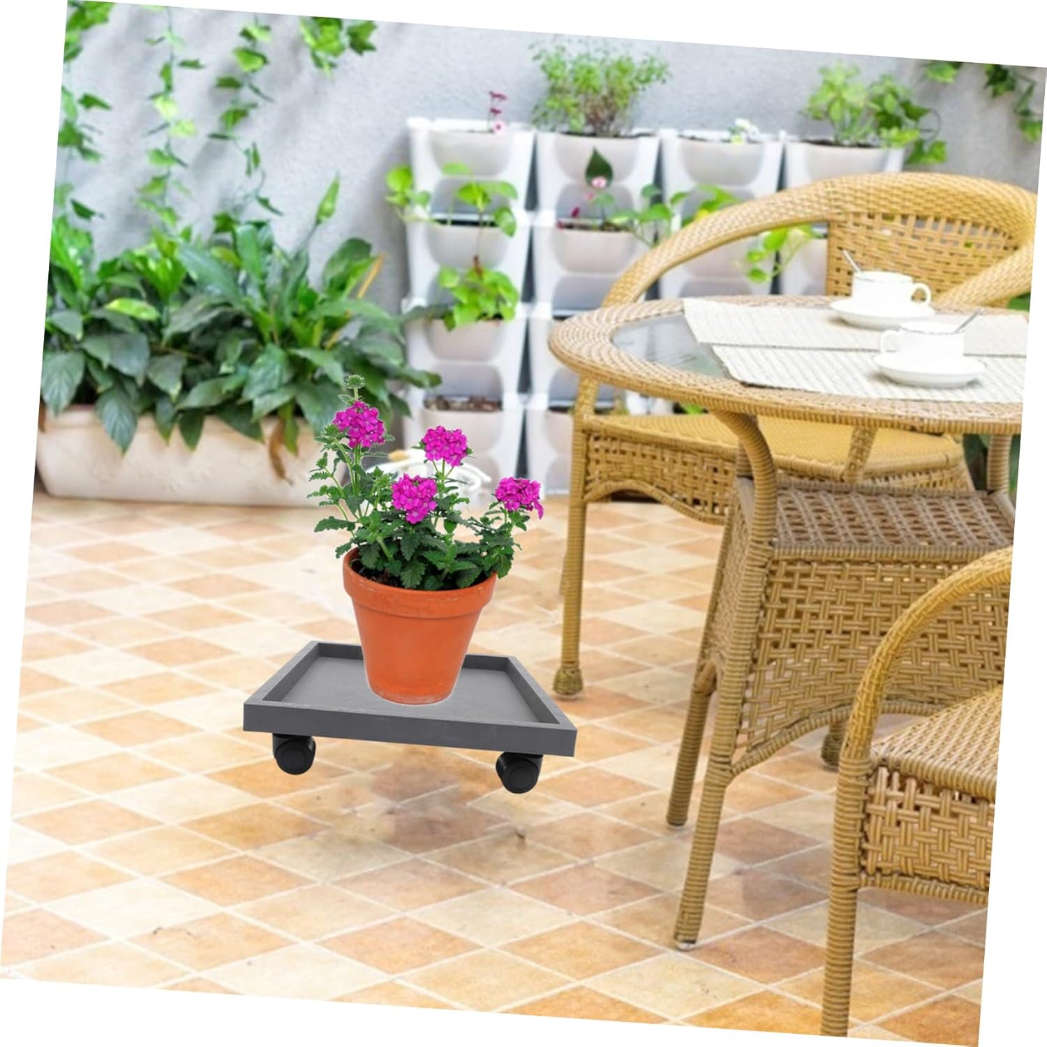 VICASKY 1Pc Moveable Flower Pot Tray with Wheels Durable Resin Planter Holder for Easy Mobility Wheel Design for Use Grey Color Model for Potted