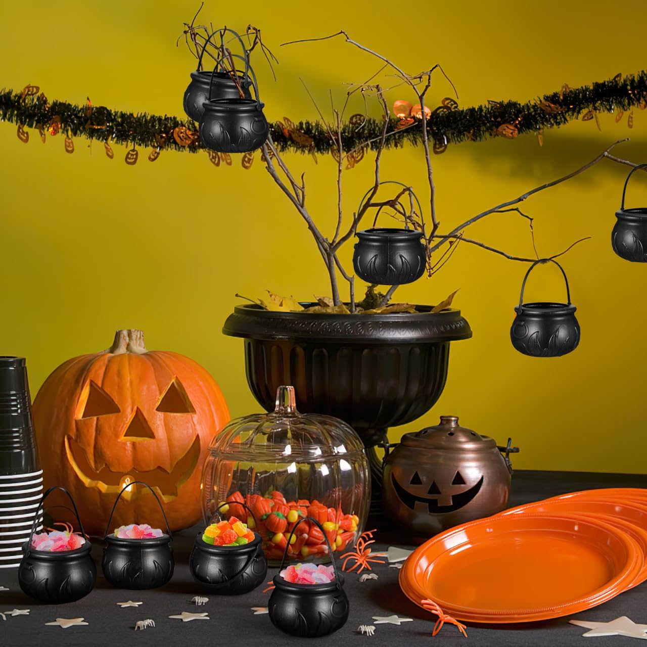 ULTECHNOVO Halloween Witch Bucket Prop Small 2.76 Inch Pumpkin Candy Holder Lightweight Plastic Cauldron for Party Bar Decoration Trick or Treat