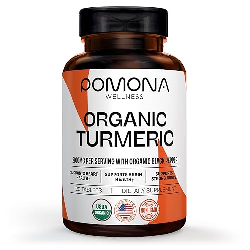Pomona Wellness Suplemento orgánico de cúrcuma de 2100 mg, USDA orgánico, sin OMG, vegano, curcumina de cúrcuma con pimienta negra para absorción,