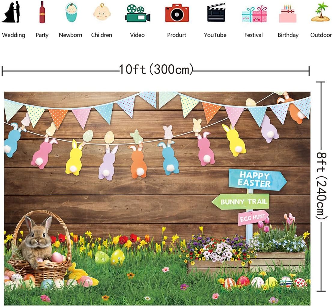 Easter Backdrops for Photography 10x8FT Easter Party Decorations Spring Flower Green Grass Rabbit Egg Wooden Wall Background Kids Newborn Portrait Photo Props