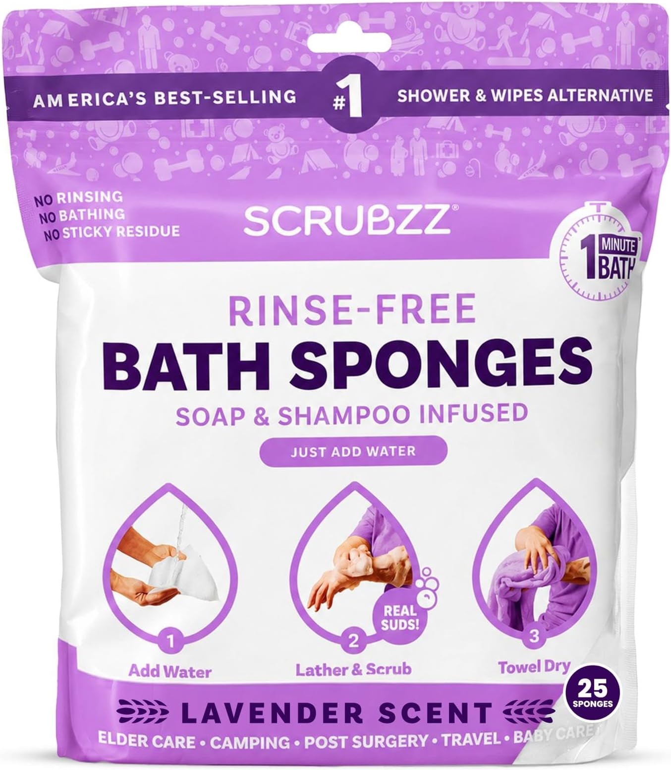 Scrubzz Disposable No Rinse Bathing Wipes - 25 Pack - All-in-1 Single Use Shower Wipes, Simply Dampen, Lather, and Dry Without Shampoo or Rinsing (Lavender, 1-Pack)