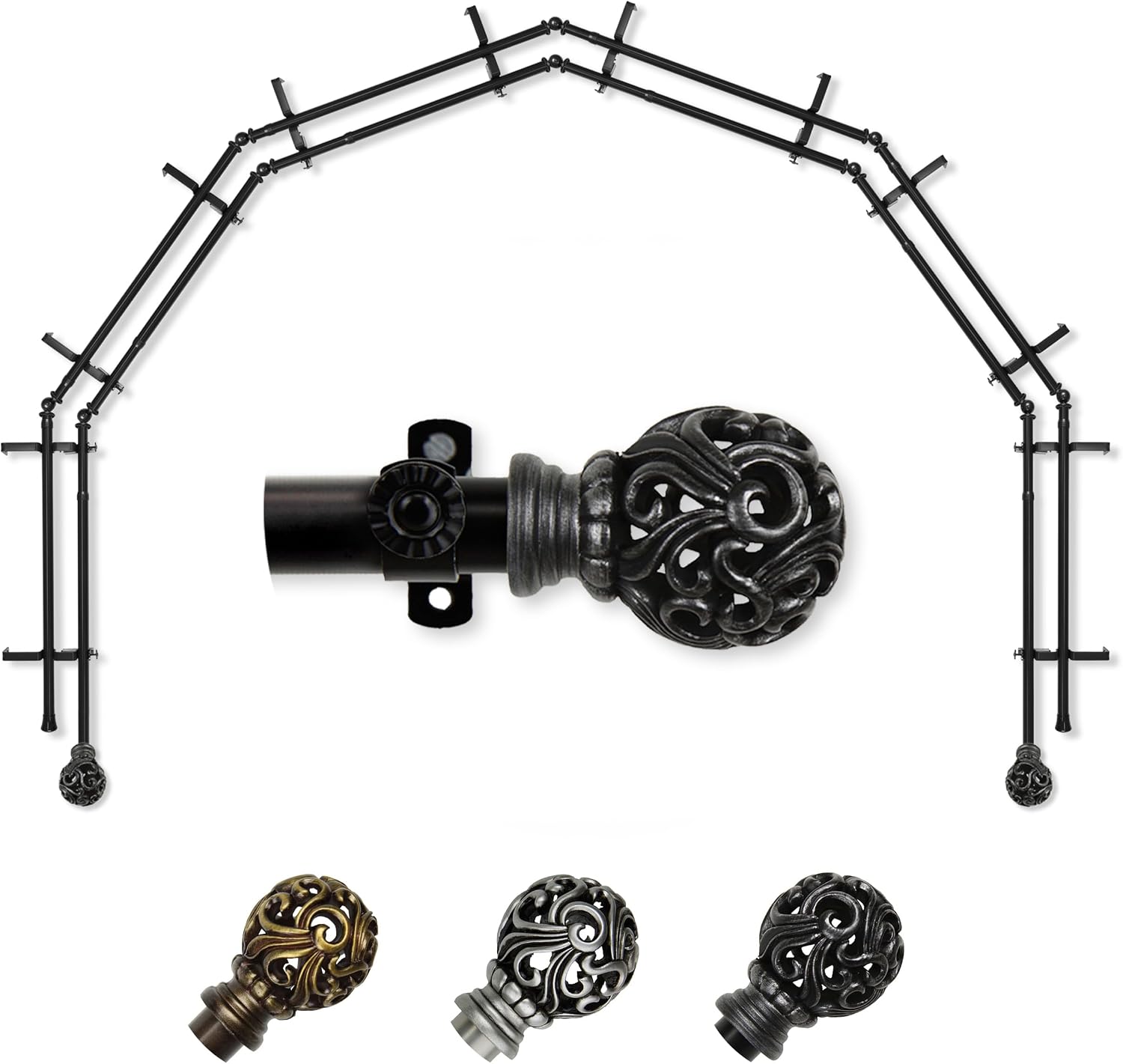 A&F Rod Décor - Baroque 13/16" 6-Sided Double Bay Window Curtain Rod - Black
