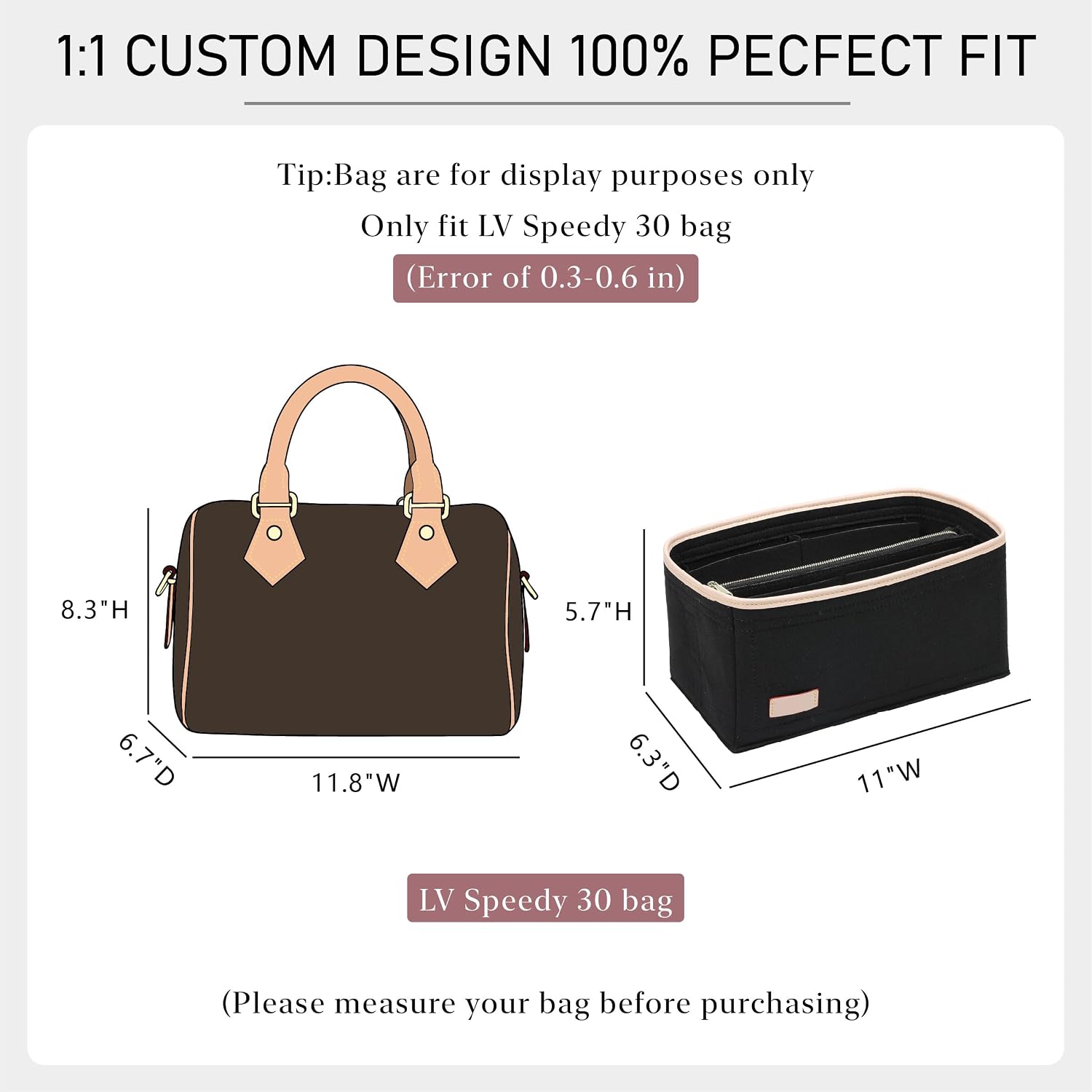 Purse Organizer Insert Compatible with LV Speedy 30 Bag Insert,Premium Felt Lightweight 30 Bag Organizer with Base Shaper, Tote Handbag Inner Divider Purse Accessories with Zipper Pocket,Black image 2