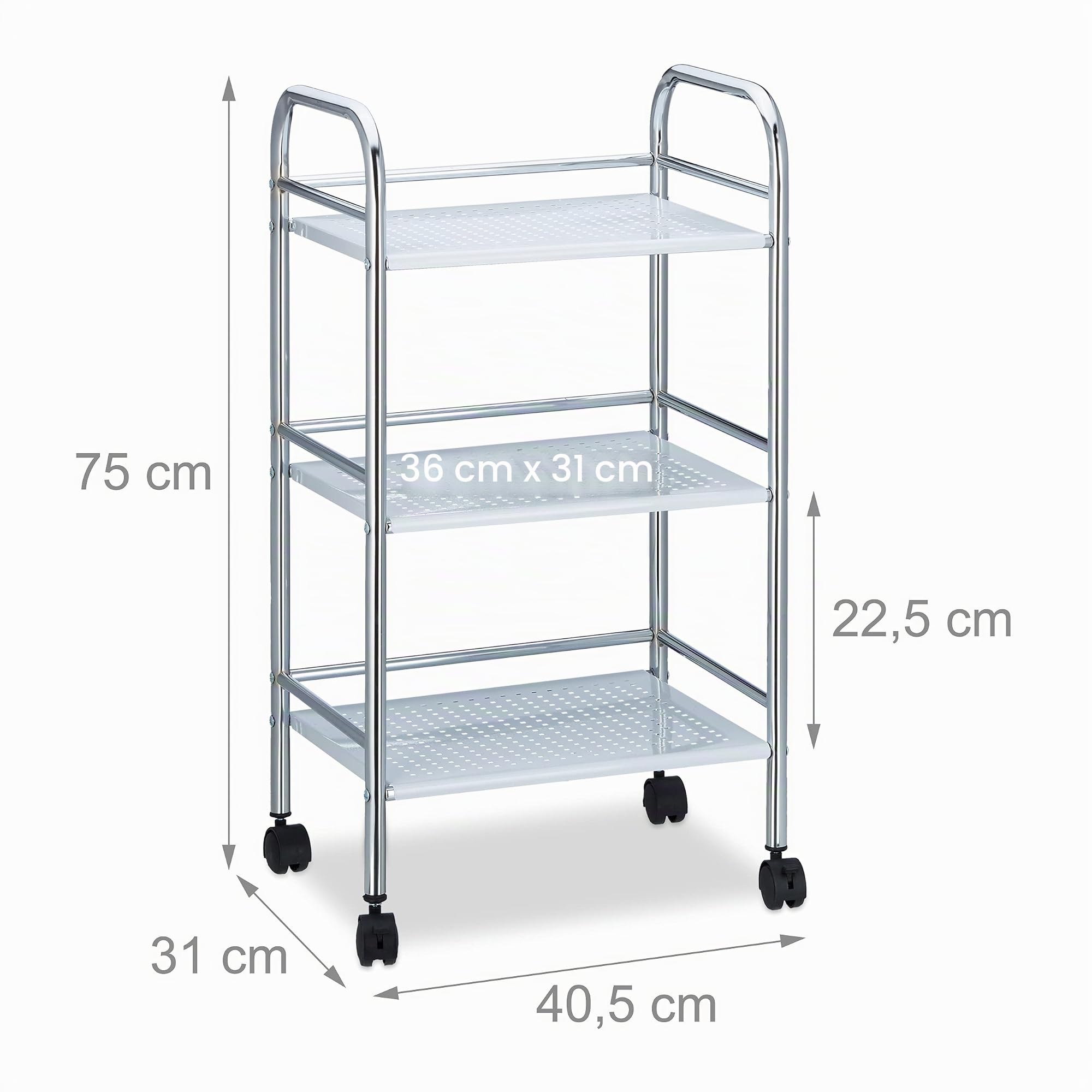Relaxdays Camarera de 3 Pisos, Carrito Cocina con Asas para Empujar, Hierro Cromado, 75 x 40,5 x 31 cm, Blanco